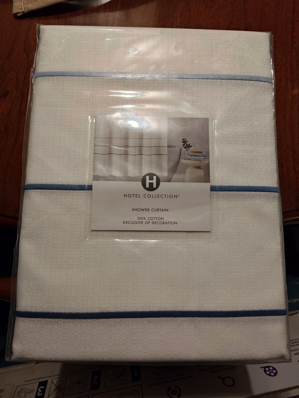 Hotel Collection White Shower Curtain with Light Blue Stripe